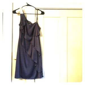 Gray one shoulder cocktail dress.
